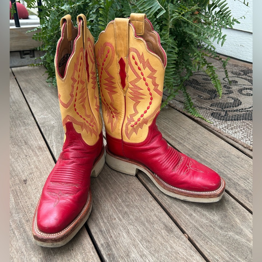 Lucchese 2000 Crepe Western Red & Yellow Leather Square Toe Cowboy Boots Size 7